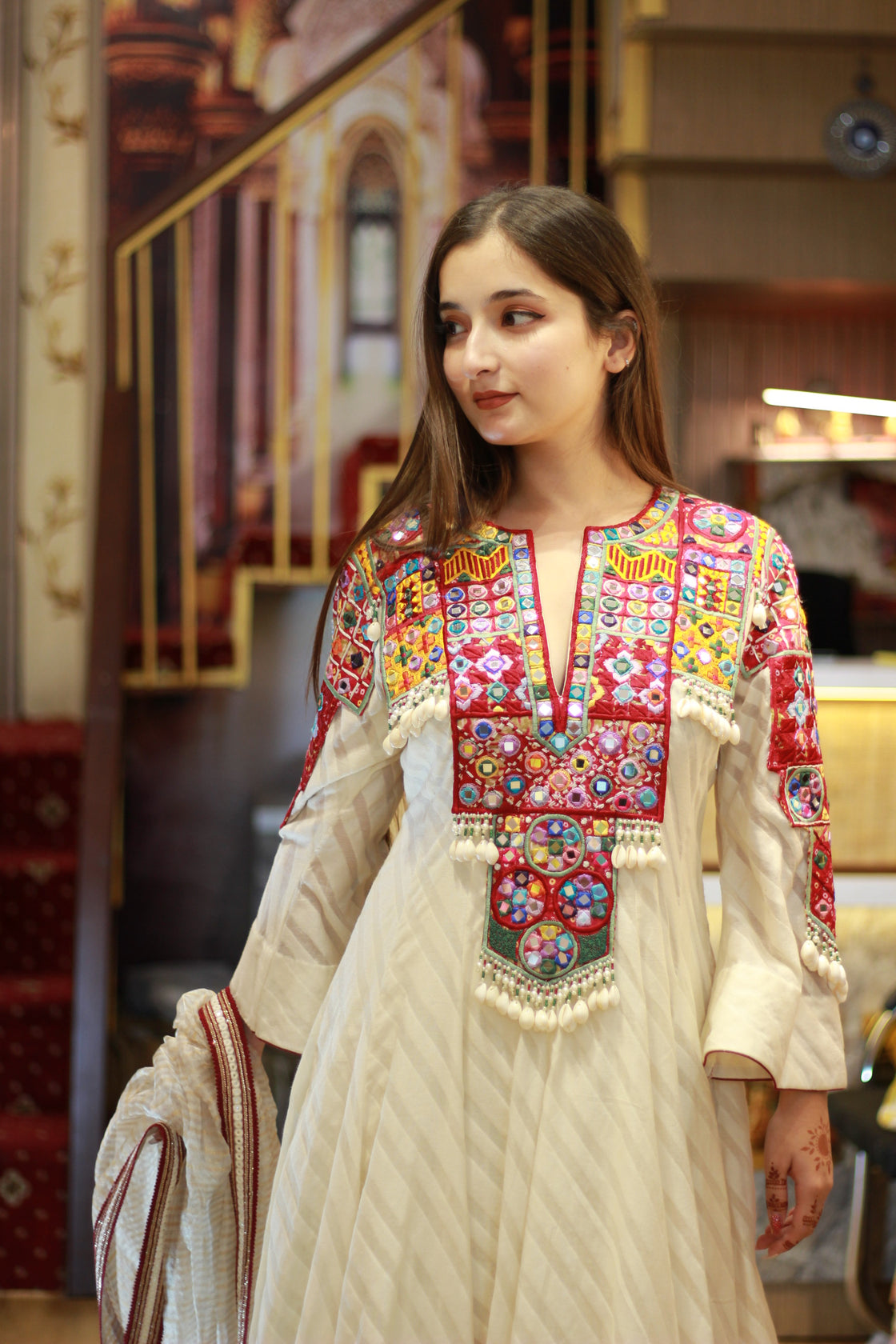 Handwork Short Anarkali with Pure Orgenza Dupatta and Pant