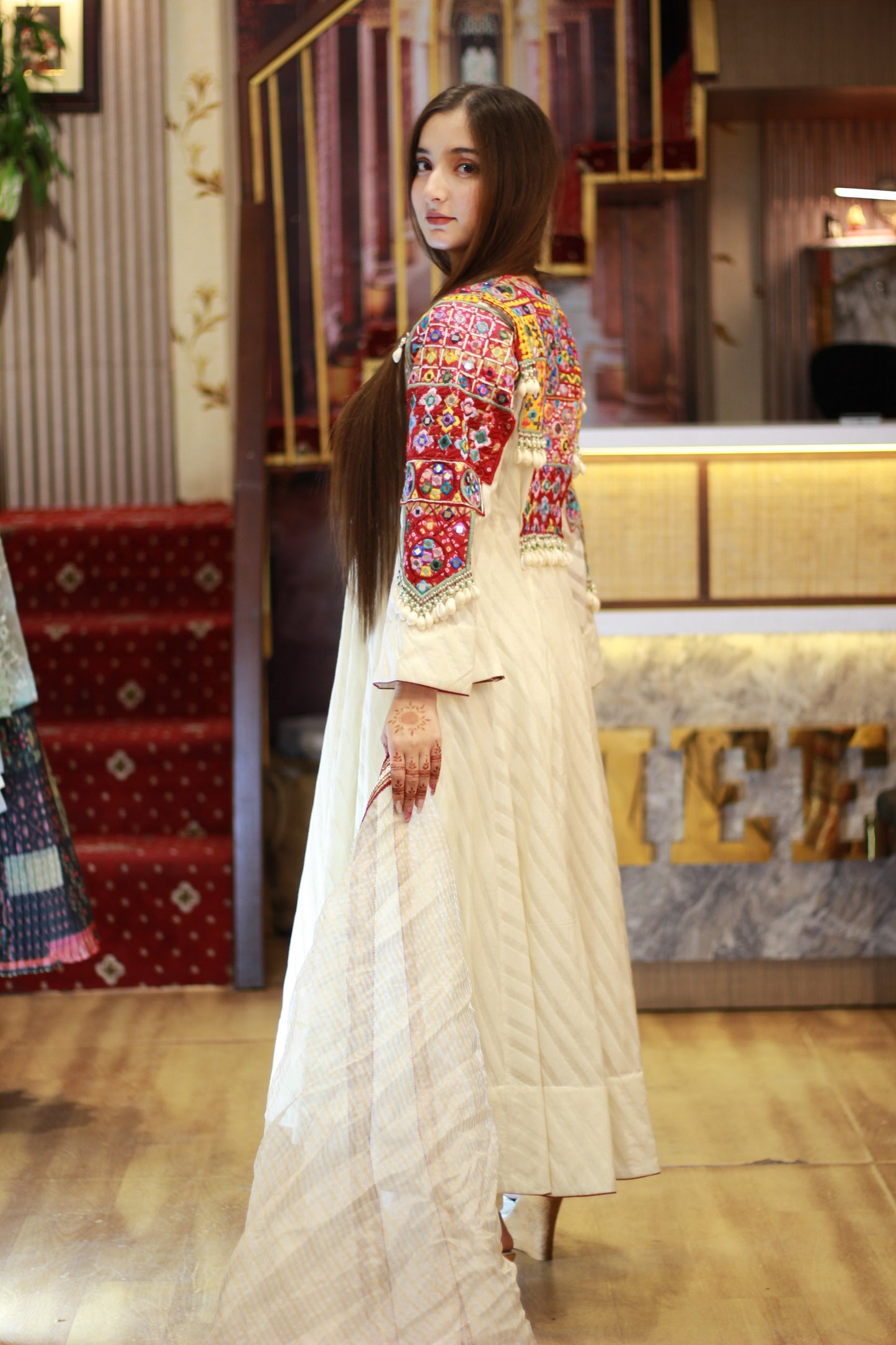 Handwork Short Anarkali with Pure Orgenza Dupatta and Pant