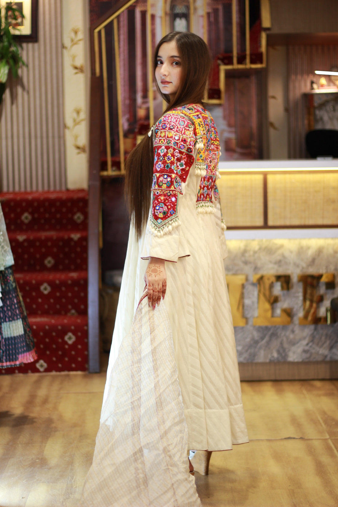 Handwork Short Anarkali with Pure Orgenza Dupatta and Pant