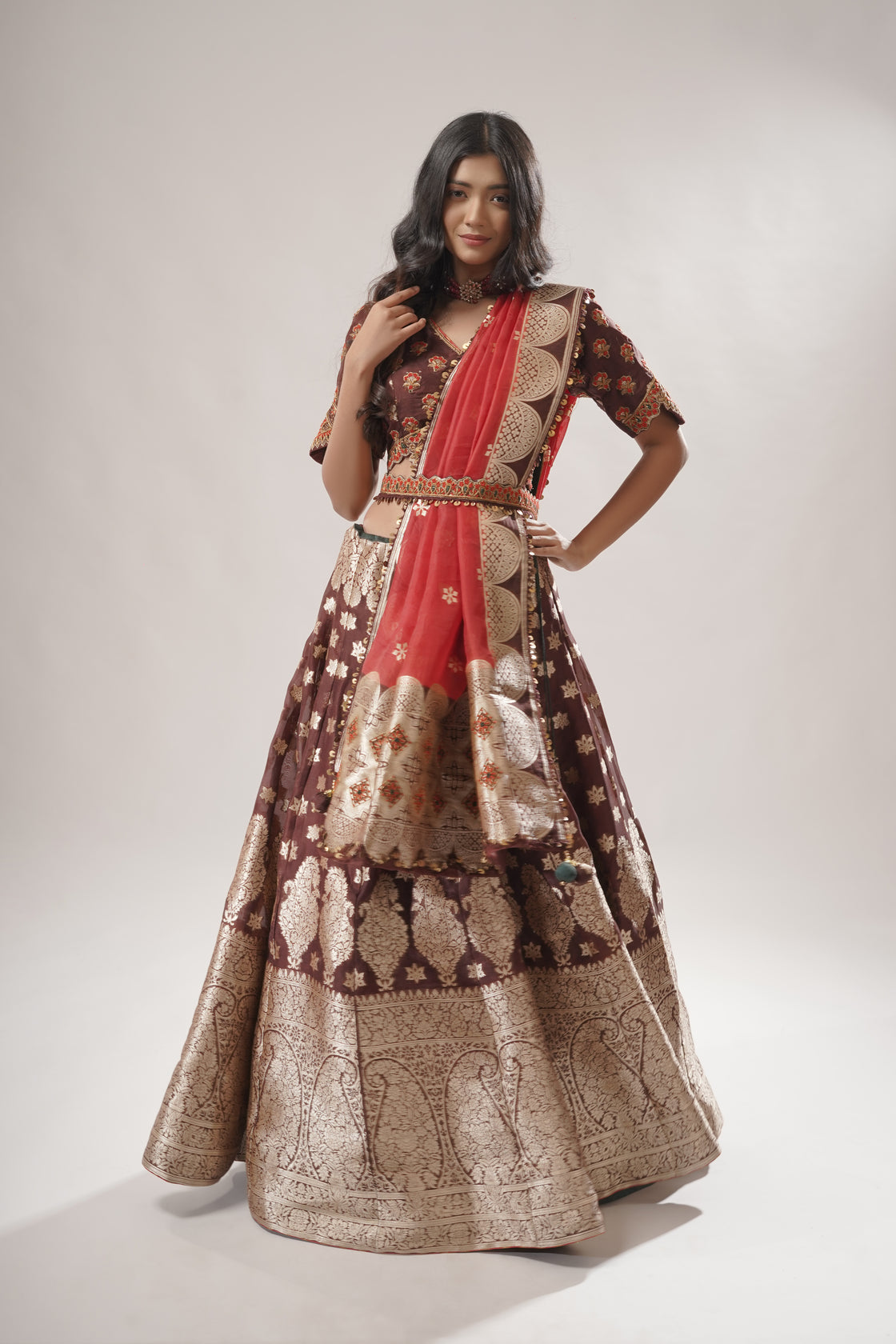 Pure Banarasi Lehenga with Embroidered Waist Belt